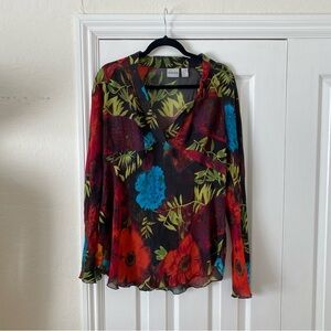 Chicos 100% silk burgundy floral print long sleeve blouse / top sz 3 fits XL